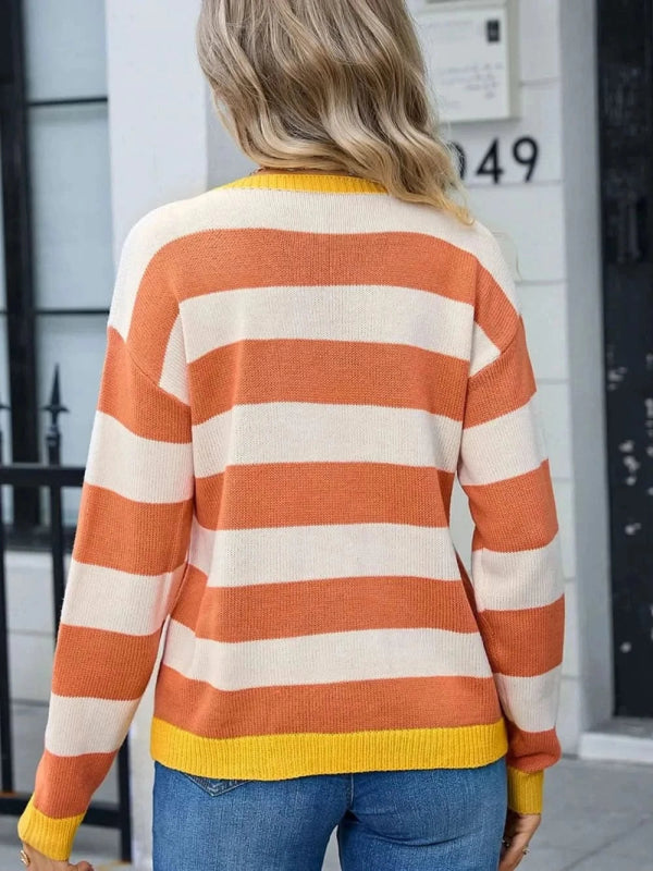 Angel Wings Striped Round Neck Dropped Shoulder Sweater - ShalayeFashion