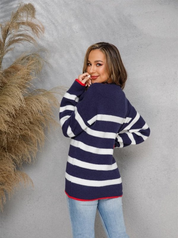 Angel Wings Striped Round Neck Dropped Shoulder Sweater - ShalayeFashion