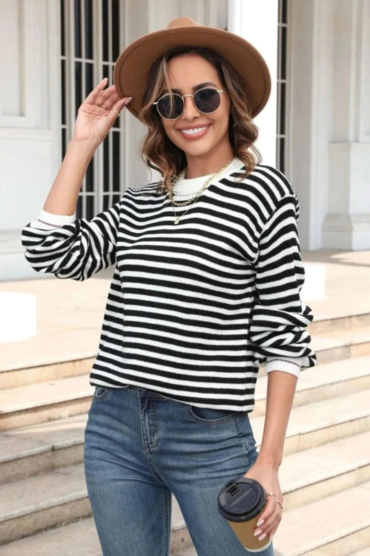Angel Wings Striped Round Neck Dropped Shoulder Sweater - ShalayeFashion