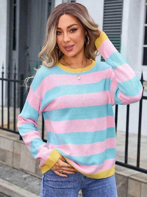 Angel Wings Striped Round Neck Dropped Shoulder Sweater - ShalayeFashion