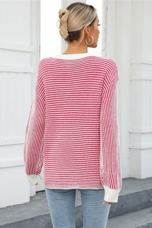 Angel Wings Striped Round Neck Long Sleeve Knit Top - ShalayeFashion