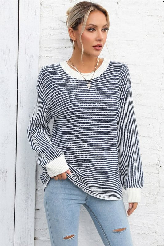Angel Wings Striped Round Neck Long Sleeve Knit Top - ShalayeFashion