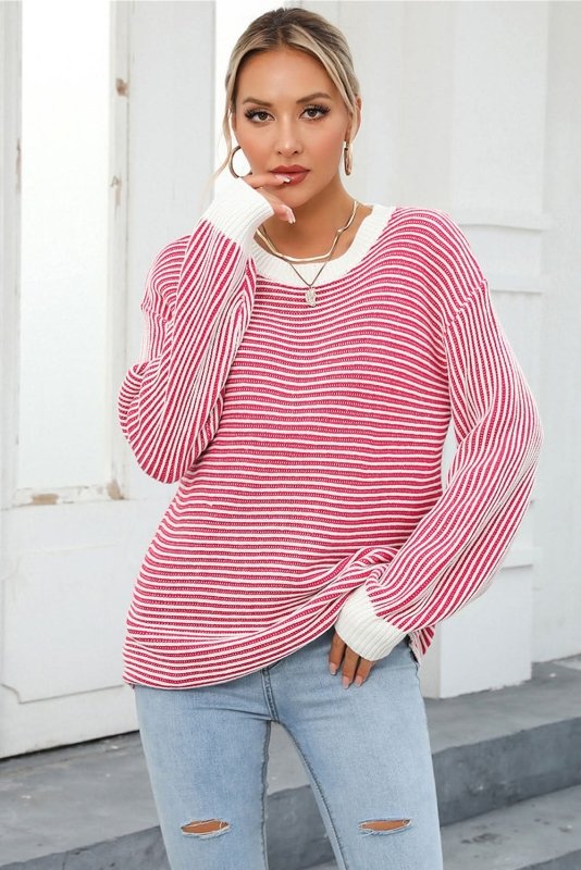 Angel Wings Striped Round Neck Long Sleeve Knit Top - ShalayeFashion