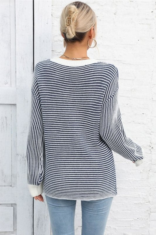 Angel Wings Striped Round Neck Long Sleeve Knit Top - ShalayeFashion
