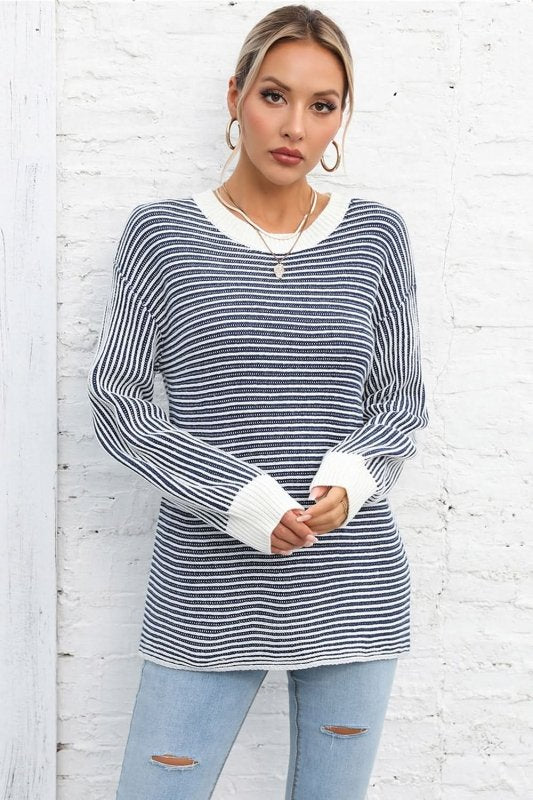 Angel Wings Striped Round Neck Long Sleeve Knit Top - ShalayeFashion
