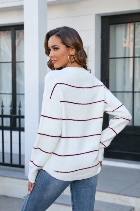 Angel Wings Striped Round Neck Long Sleeve Sweater - ShalayeFashion