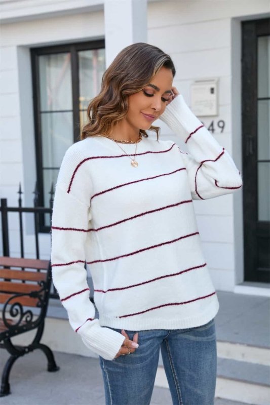 Angel Wings Striped Round Neck Long Sleeve Sweater - ShalayeFashion