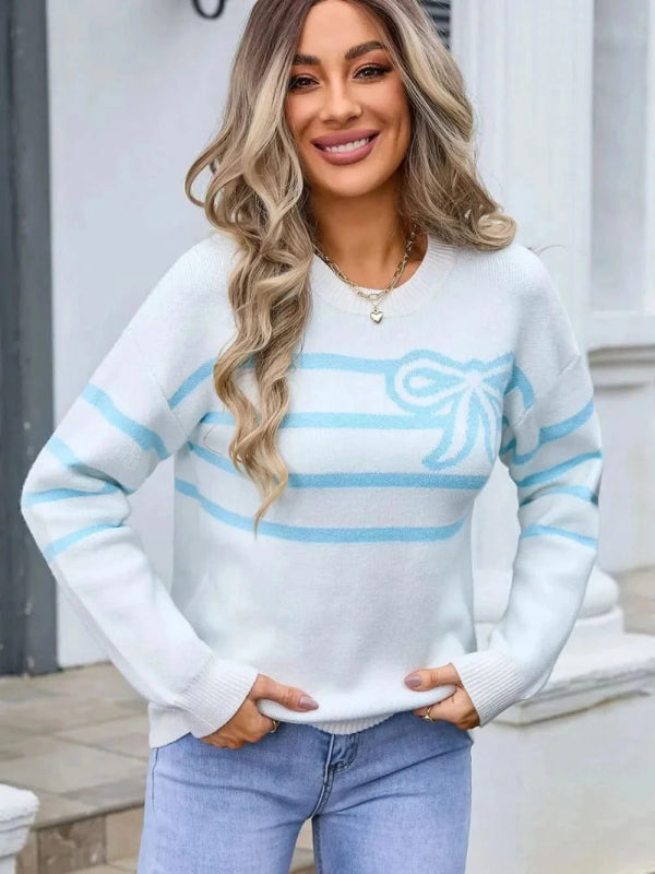 Angel Wings Striped Round Neck Long Sleeve Sweater - ShalayeFashion