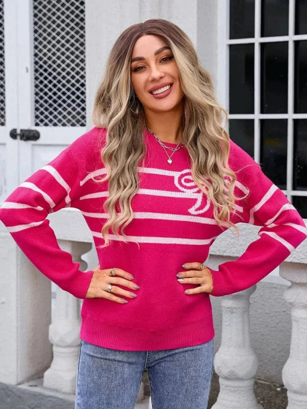 Angel Wings Striped Round Neck Long Sleeve Sweater - ShalayeFashion
