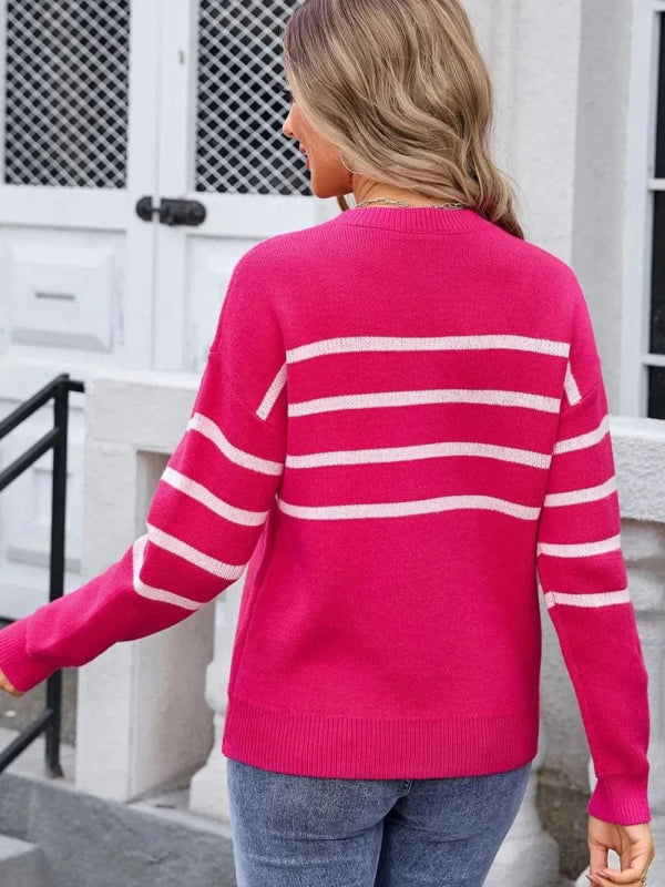 Angel Wings Striped Round Neck Long Sleeve Sweater - ShalayeFashion
