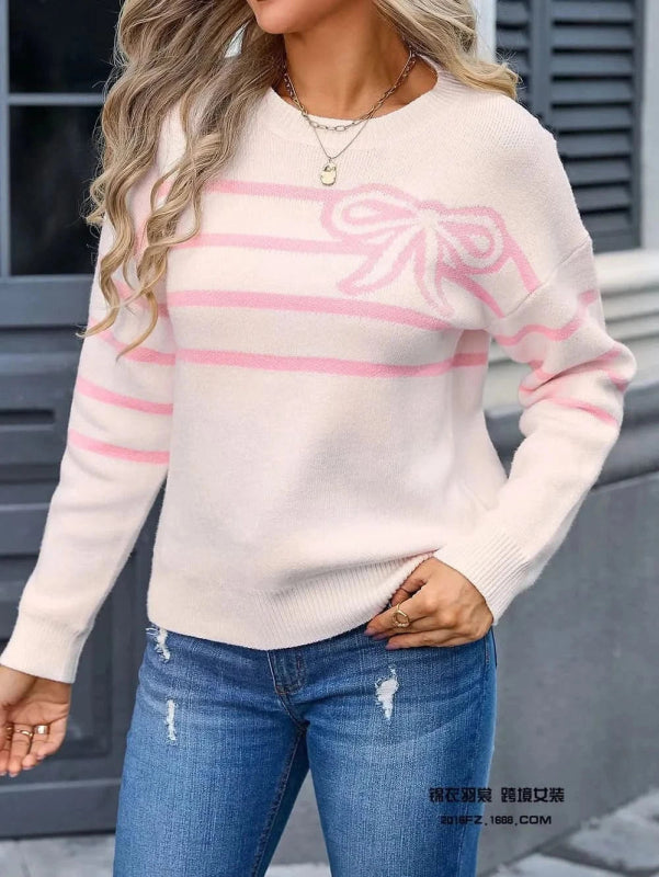 Angel Wings Striped Round Neck Long Sleeve Sweater - ShalayeFashion
