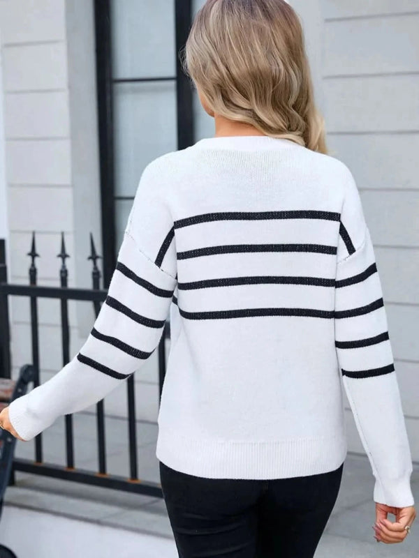 Angel Wings Striped Round Neck Long Sleeve Sweater - ShalayeFashion