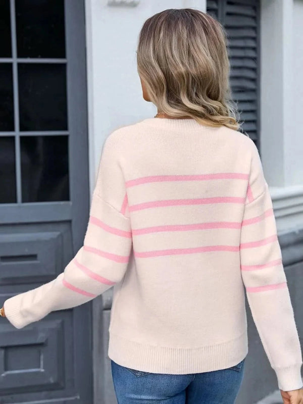 Angel Wings Striped Round Neck Long Sleeve Sweater - ShalayeFashion