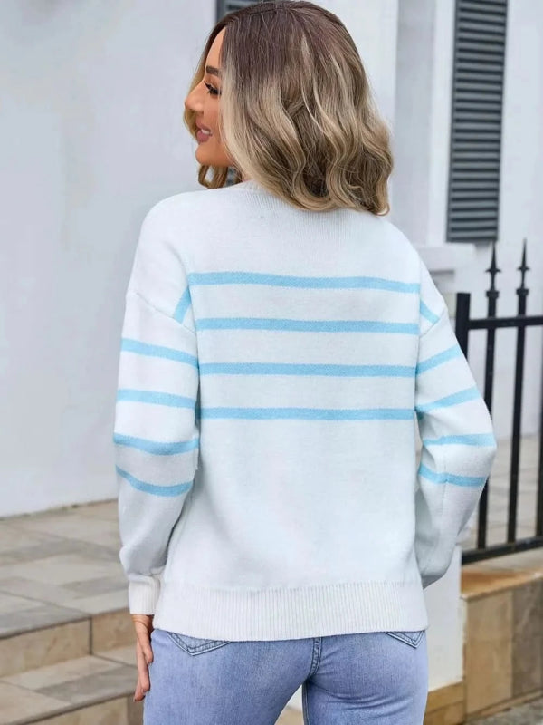Angel Wings Striped Round Neck Long Sleeve Sweater - ShalayeFashion