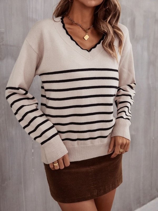 Angel Wings Striped V - Neck Drop Shoulder Sweater - ShalayeFashion