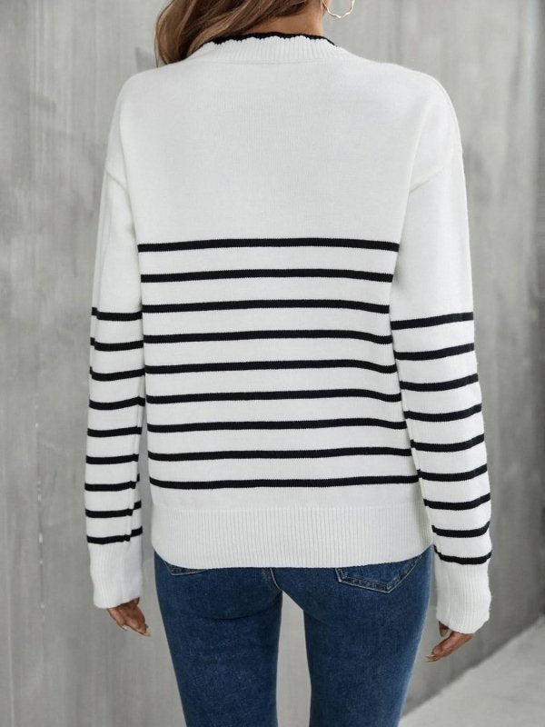 Angel Wings Striped V - Neck Drop Shoulder Sweater - ShalayeFashion