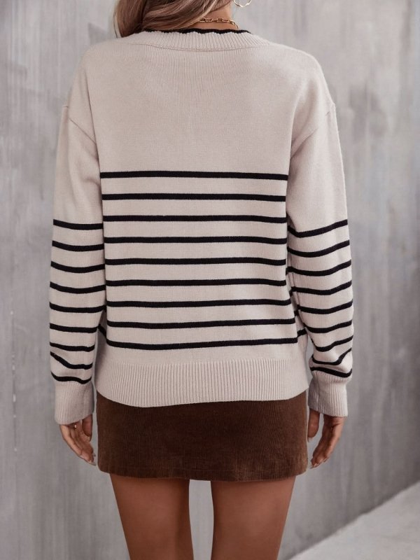 Angel Wings Striped V - Neck Drop Shoulder Sweater - ShalayeFashion