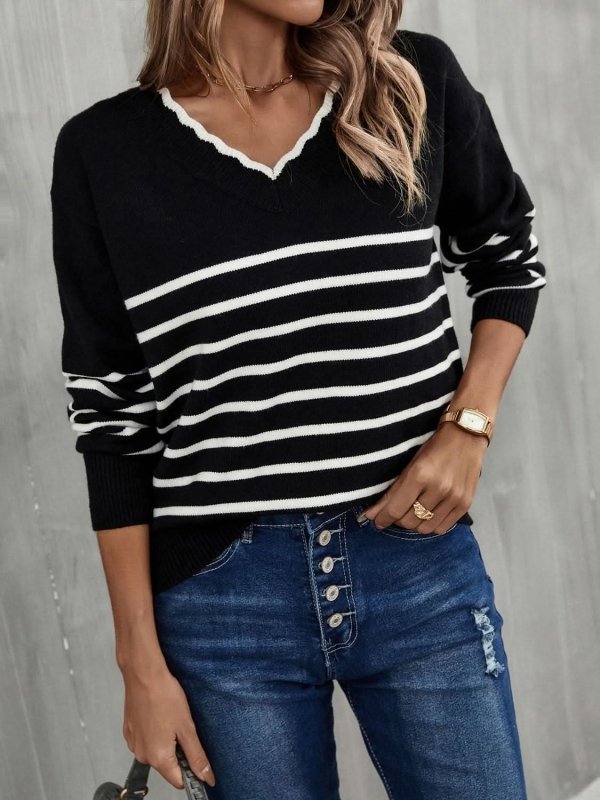 Angel Wings Striped V - Neck Drop Shoulder Sweater - ShalayeFashion
