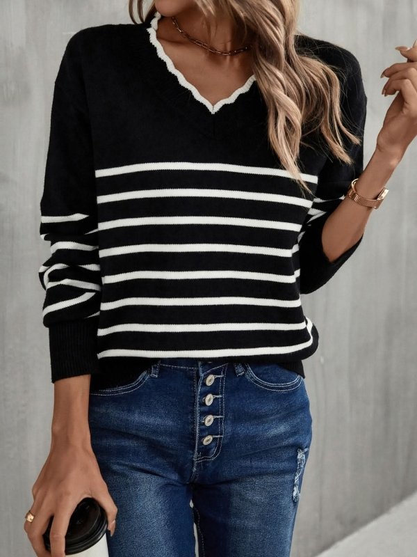 Angel Wings Striped V - Neck Drop Shoulder Sweater - ShalayeFashion