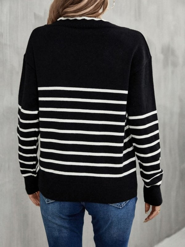 Angel Wings Striped V - Neck Drop Shoulder Sweater - ShalayeFashion