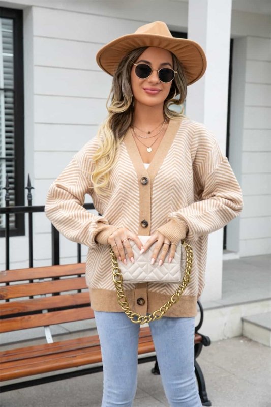 Angel Wings Striped V - Neck Dropped Shoulder Button - Up Cardigan - ShalayeFashion