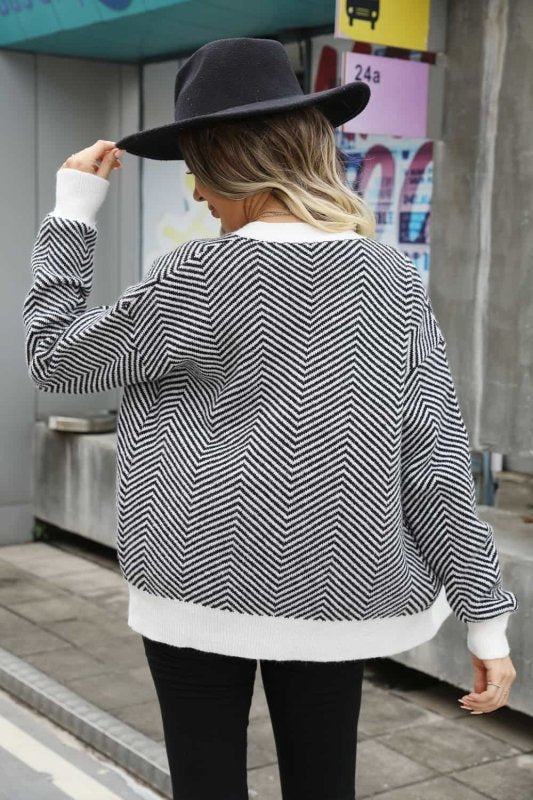 Angel Wings Striped V - Neck Dropped Shoulder Button - Up Cardigan - ShalayeFashion