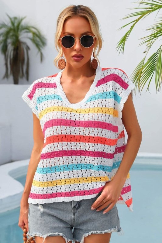 Angel Wings Striped V - Neck Slit Cover Up - ShalayeFashion