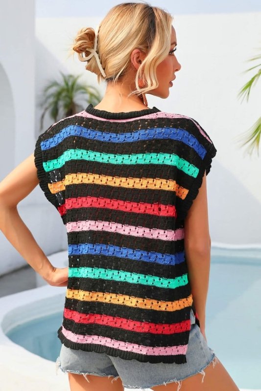 Angel Wings Striped V - Neck Slit Cover Up - ShalayeFashion