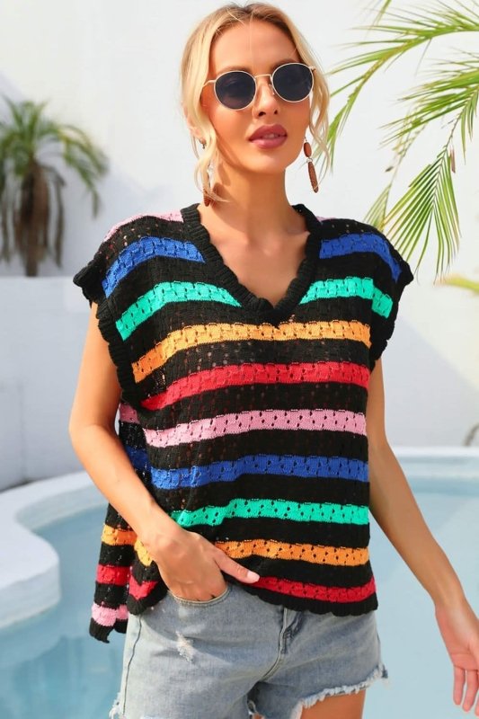 Angel Wings Striped V - Neck Slit Cover Up - ShalayeFashion