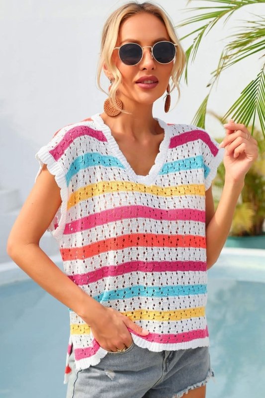 Angel Wings Striped V - Neck Slit Cover Up - ShalayeFashion