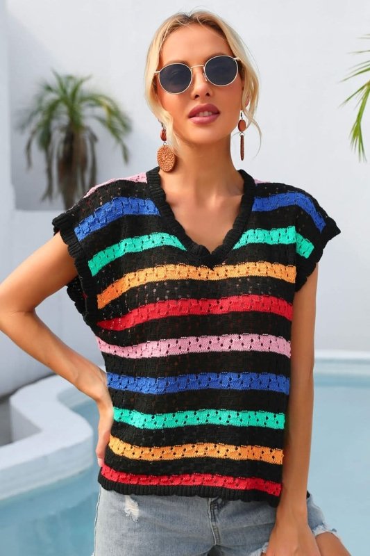 Angel Wings Striped V - Neck Slit Cover Up - ShalayeFashion