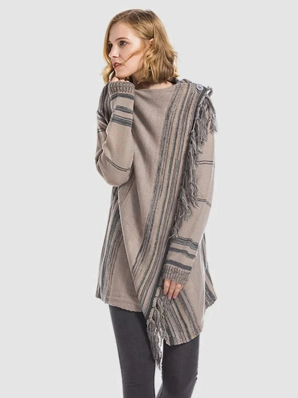 Angel Wings Tassel Striped Open Front Long Sleeve Cardigan - ShalayeFashion