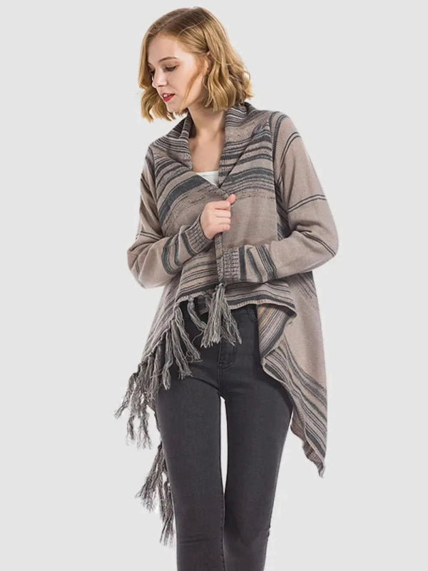 Angel Wings Tassel Striped Open Front Long Sleeve Cardigan - ShalayeFashion