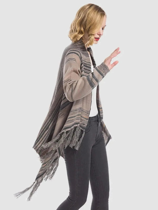 Angel Wings Tassel Striped Open Front Long Sleeve Cardigan - ShalayeFashion