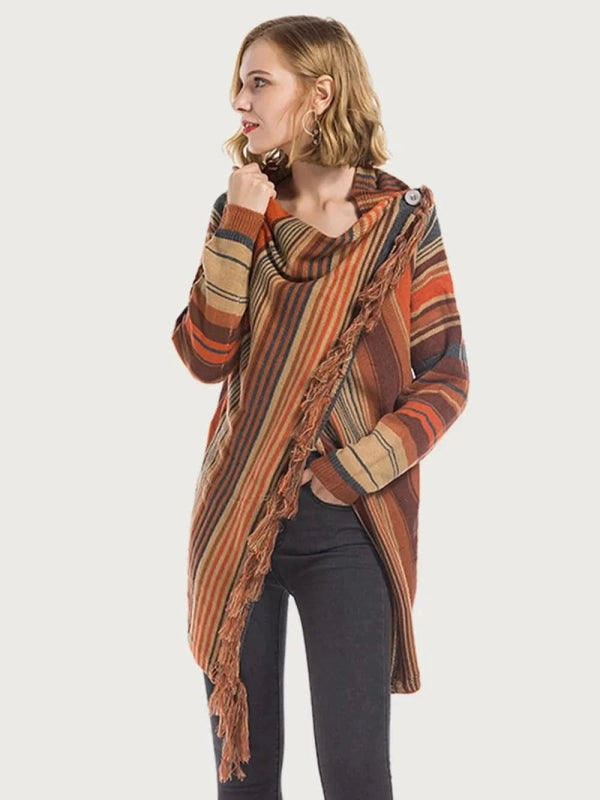 Angel Wings Tassel Striped Open Front Long Sleeve Cardigan - ShalayeFashion