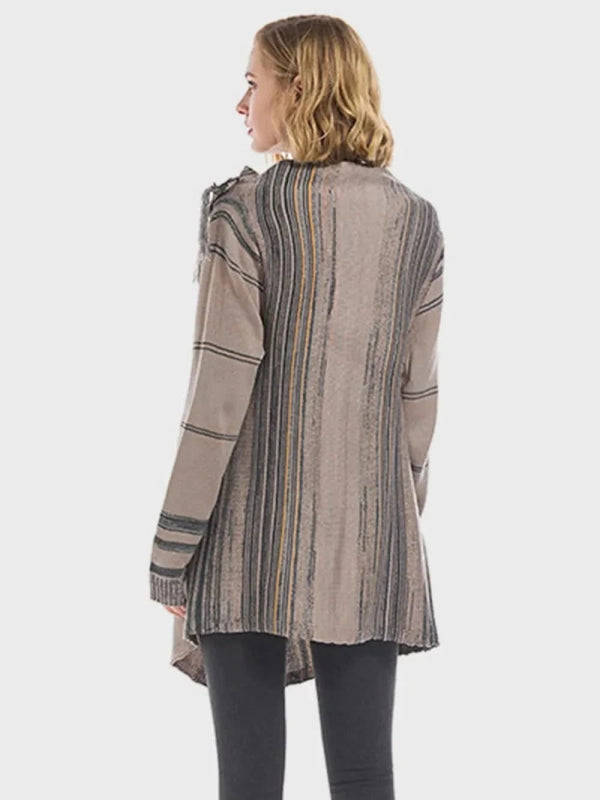 Angel Wings Tassel Striped Open Front Long Sleeve Cardigan - ShalayeFashion