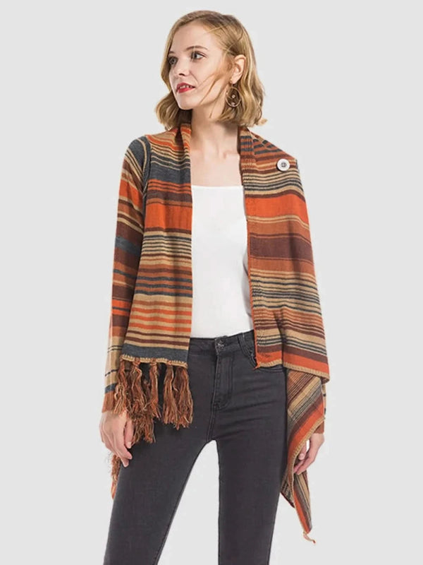 Angel Wings Tassel Striped Open Front Long Sleeve Cardigan - ShalayeFashion