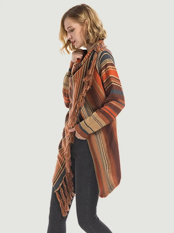 Angel Wings Tassel Striped Open Front Long Sleeve Cardigan - ShalayeFashion