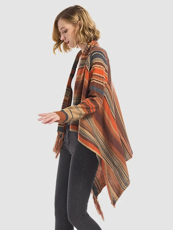 Angel Wings Tassel Striped Open Front Long Sleeve Cardigan - ShalayeFashion