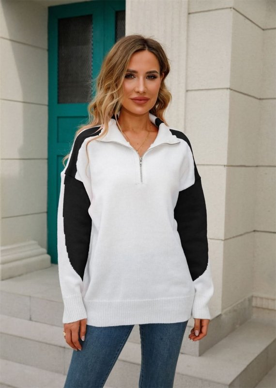 Angel Wings Two - Tone Collared Neck Dropped Shoulder Knit Top - ShalayeFashion
