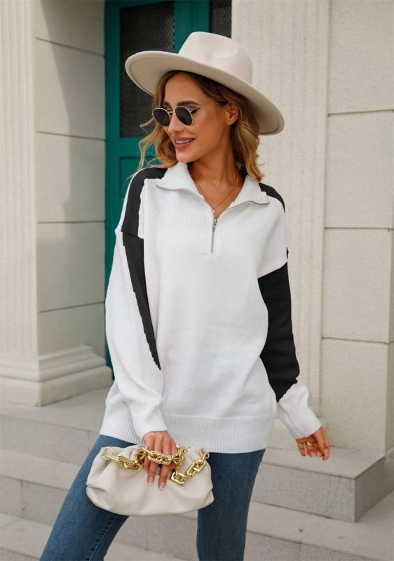Angel Wings Two - Tone Collared Neck Dropped Shoulder Knit Top - ShalayeFashion