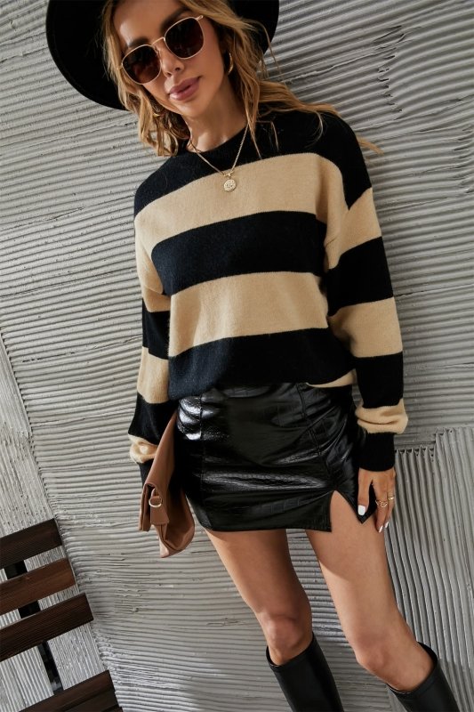 Angel Wings Two - Tone Round Neck Dropped Shoulder Sweater - ShalayeFashion