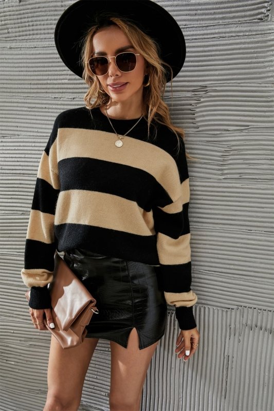 Angel Wings Two - Tone Round Neck Dropped Shoulder Sweater - ShalayeFashion