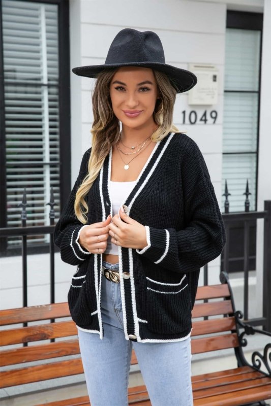 Angel Wings Waffle Knit V - Neck Cardigan with Pocket - ShalayeFashion