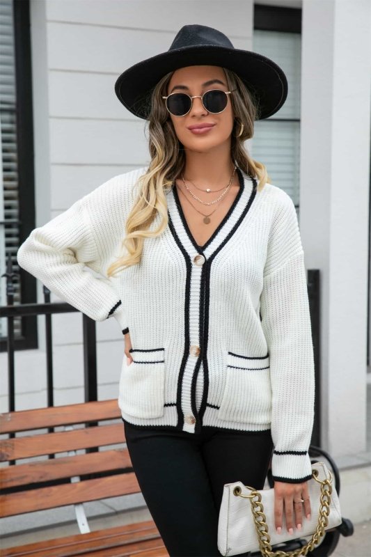 Angel Wings Waffle Knit V - Neck Cardigan with Pocket - ShalayeFashion