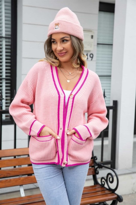 Angel Wings Waffle Knit V - Neck Cardigan with Pocket - ShalayeFashion