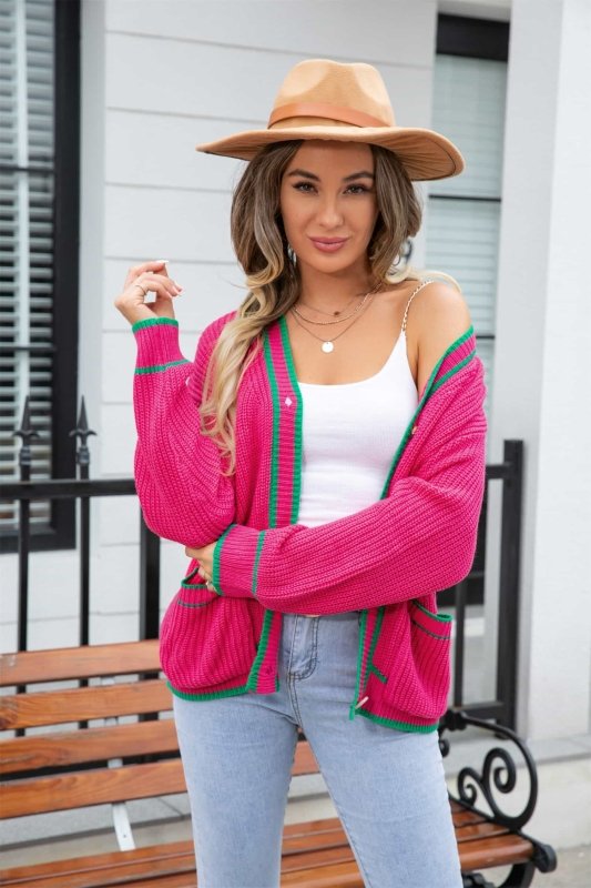 Angel Wings Waffle Knit V - Neck Cardigan with Pocket - ShalayeFashion