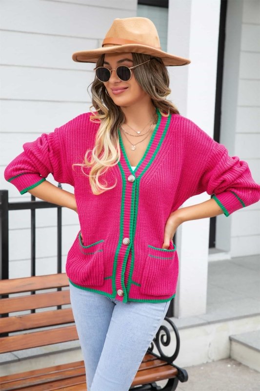 Angel Wings Waffle Knit V - Neck Cardigan with Pocket - ShalayeFashion