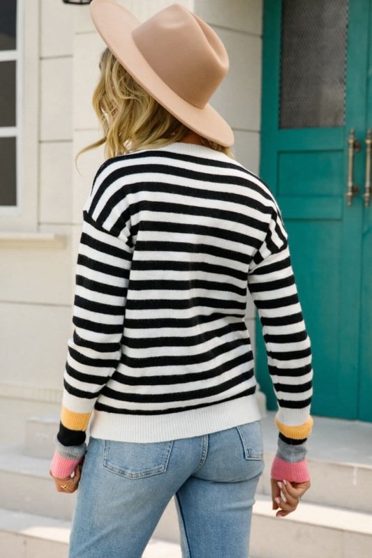 Angel Wings Warm Spice Striped Round Neck Sweater - ShalayeFashion