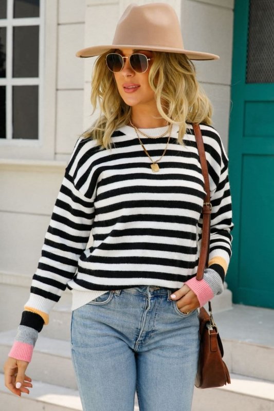 Angel Wings Warm Spice Striped Round Neck Sweater - ShalayeFashion
